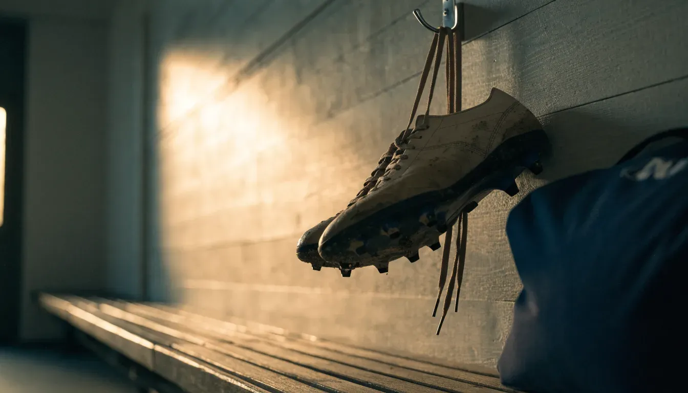 Ein Paar Fussballschuhe hängt an einem Haken in einer ruhigen Umkleide, darunter steht eine Sporttasche auf einer Holzbank.