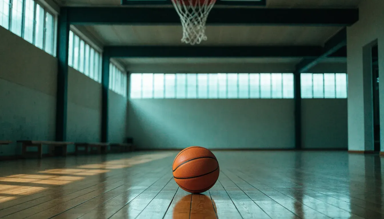 Ein Basketball liegt unter dem Korb in einer leeren Sporthalle, durch hohe Fenster fällt Tageslicht auf das Parkett.
