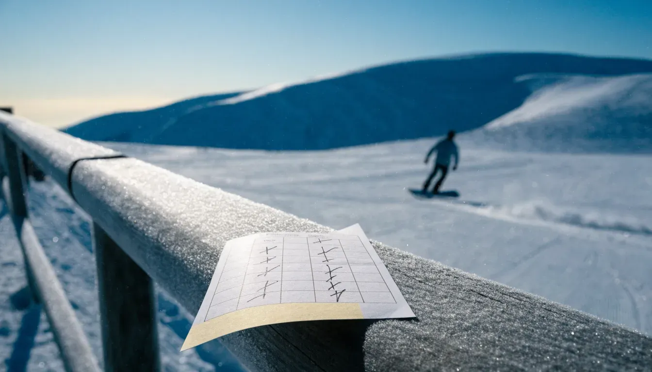 Ein Snowboard steckt aufrecht im Schnee am Rand einer Piste, dahinter spannt sich klarer Himmel über verschneiten Gipfeln.