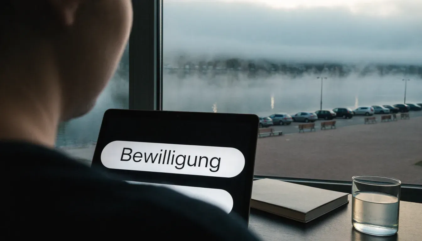 Eine Seepromenade mit leeren Bänken an einem nebligen Morgen, im Wasser spiegeln sich die Lichter der Uferlaternen.