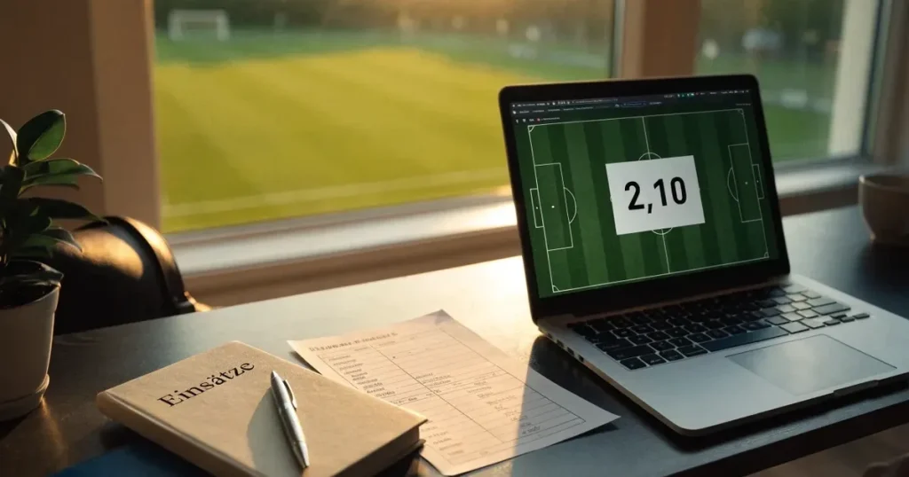 Ein aufgeräumter Schreibtisch mit Pflanze und Tasse in einem Heimbüro, vor dem Fenster liegt ein Fussballplatz im Gegenlicht.