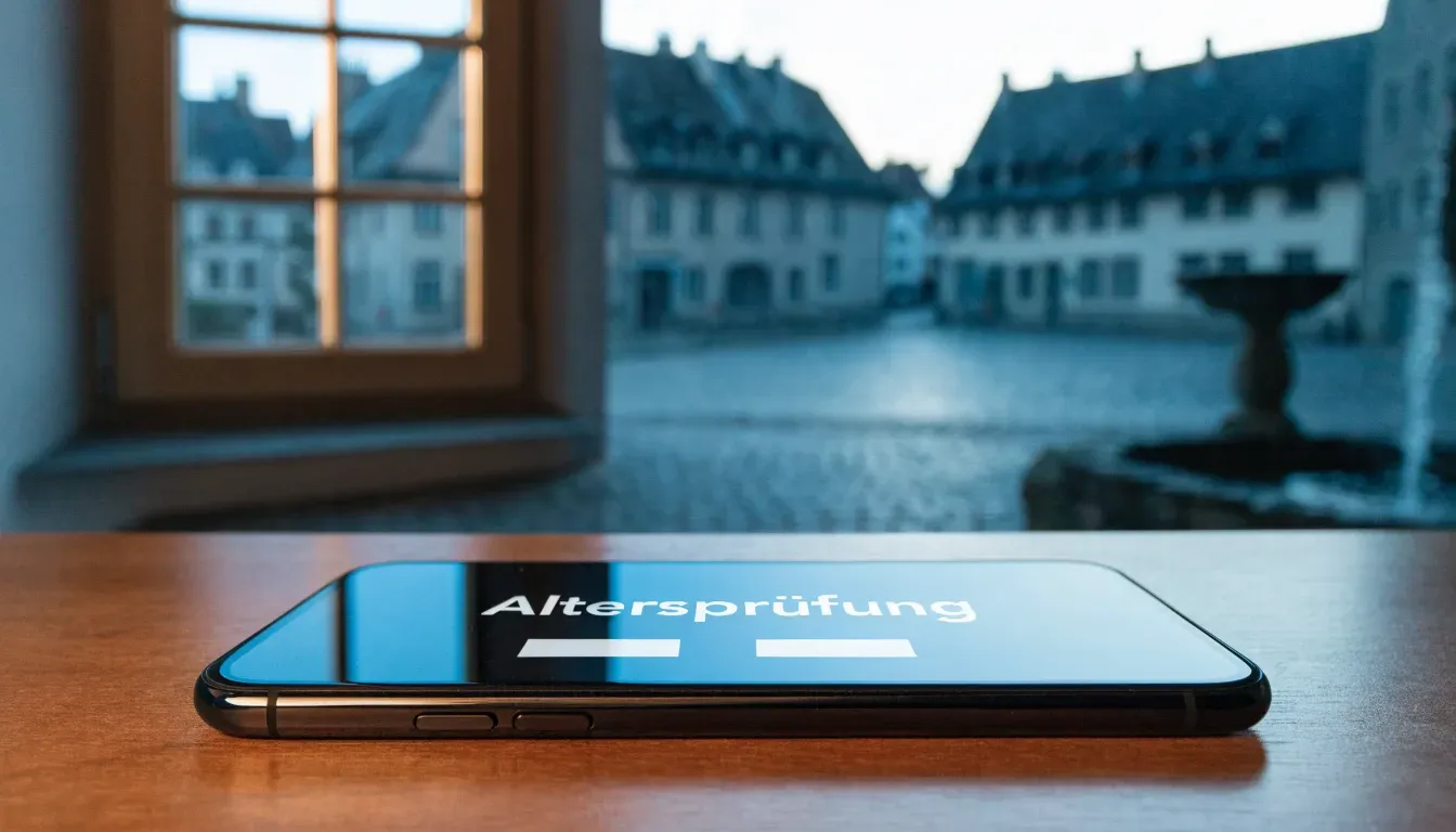 Ein stiller Dorfplatz mit einem Steinbrunnen im Frühlicht, auf dem Pflaster steht keine Person.
