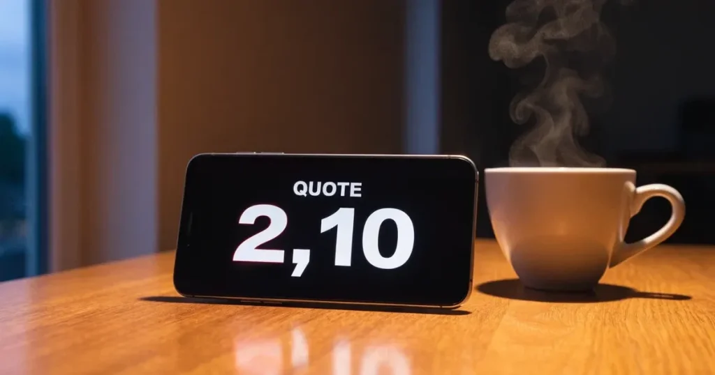 Ein Smartphone mit dunklem Display liegt auf einem Holztisch neben einer Kaffeetasse, durch das Fenster fällt warmes Abendlicht.