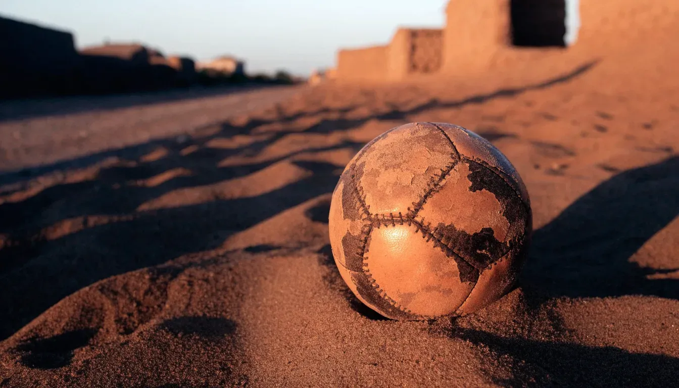 Ein Fussball liegt auf rotbraunem Sand am Rand eines Dorfes, die Abendsonne wirft lange Schatten.