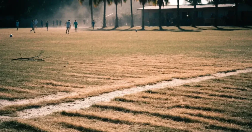 Ein ausgetrockneter Fussballplatz mit Rasenstreifen im warmen Nachmittagslicht, im Hintergrund Palmen und ein flaches Stadiondach.