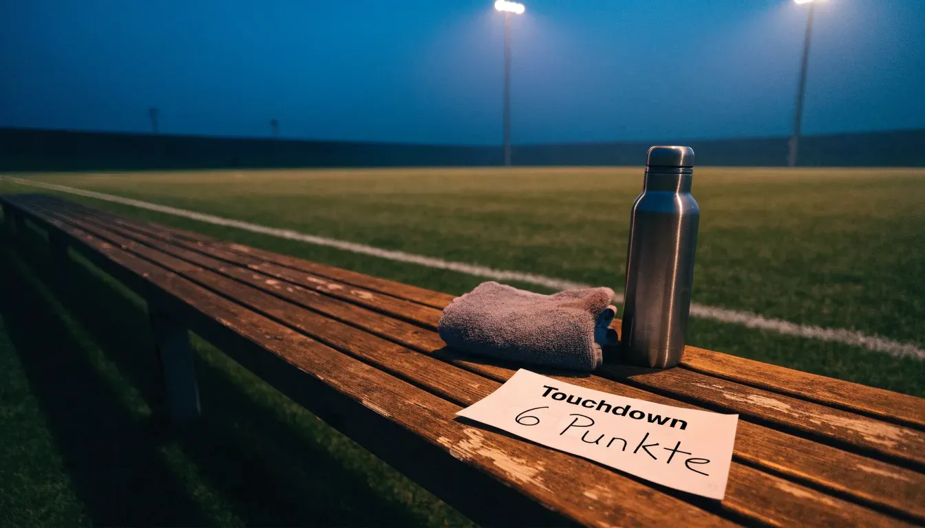 Eine Trinkflasche und ein Handtuch liegen auf einer Holzbank am leeren Spielfeldrand unter dem Licht der Flutlichter.