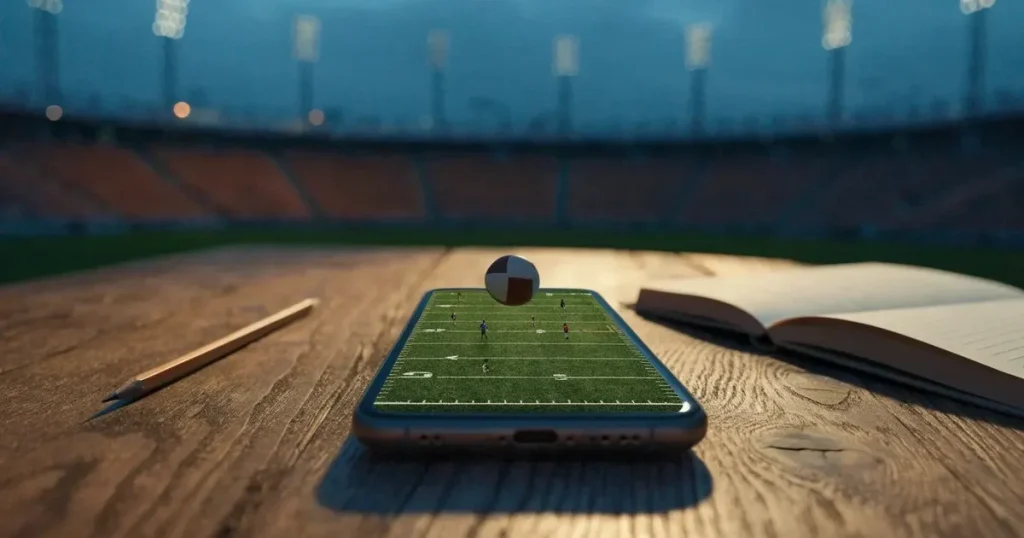 Ein eiförmiger Lederball liegt auf einem frisch gemähten Rasenfeld mit weissen Linien, im Hintergrund stehen Flutlichtmasten in der Dämmerung.
