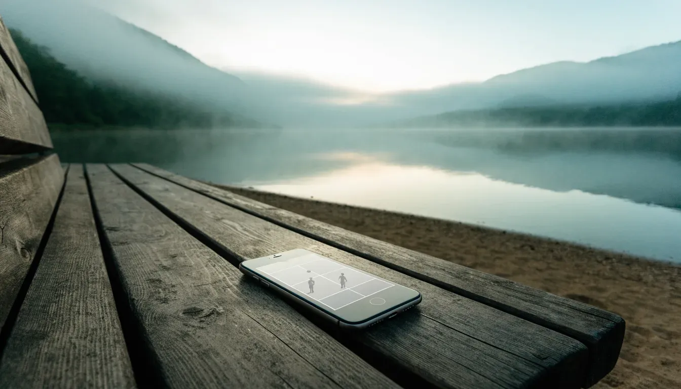 Eine Holzbank an einem Seeufer mit Blick auf eine Bergkette im Morgendunst, das Wasser ist spiegelglatt.