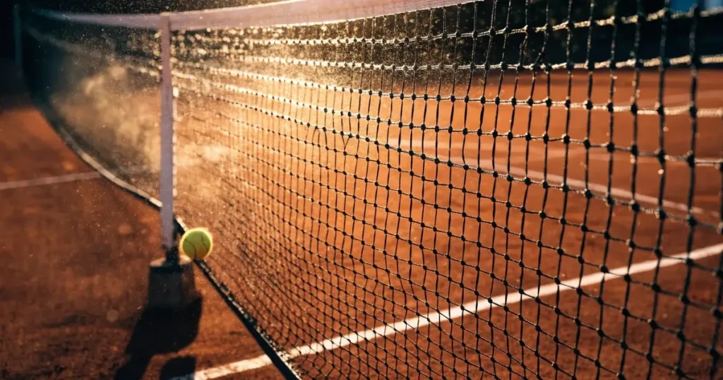 Ein Tennisnetz in Nahaufnahme im Gegenlicht der tiefstehenden Sonne, feine Staubkörner schweben über dem Platz.