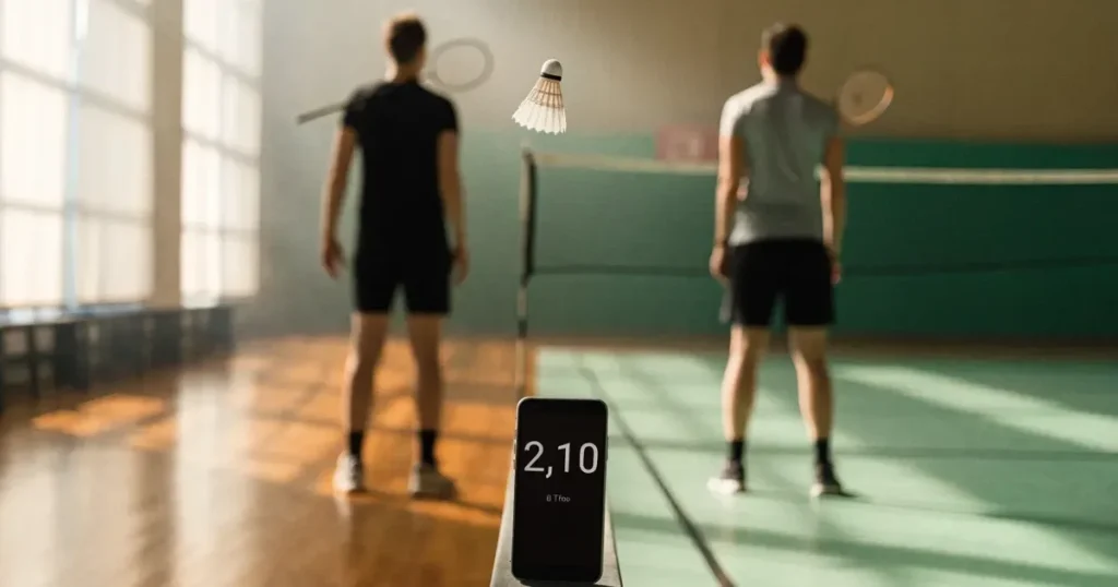 Ein Federball liegt auf dem Boden einer leeren Sporthalle, das Netz verschwimmt im Hintergrund, Licht fällt durch hohe Fenster.