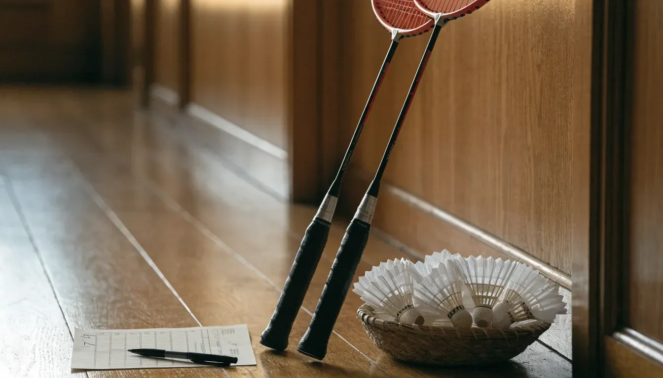 Zwei Badmintonschläger lehnen gekreuzt an einer Hallenwand aus Holz, daneben steht ein Korb mit Federbällen.
