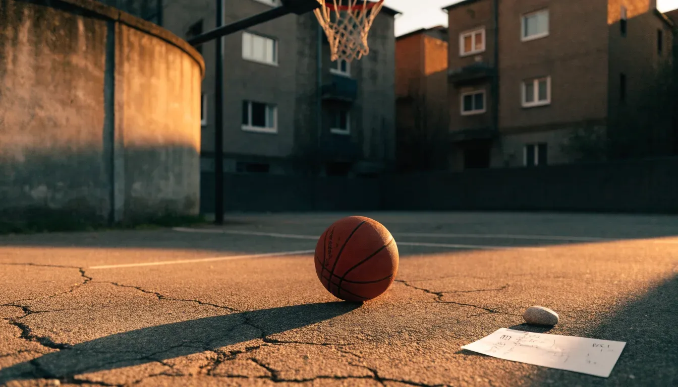 Ein Basketball liegt auf einem Asphaltplatz in einem Hinterhof zwischen Wohnblöcken, das Abendlicht färbt die Wände warm.
