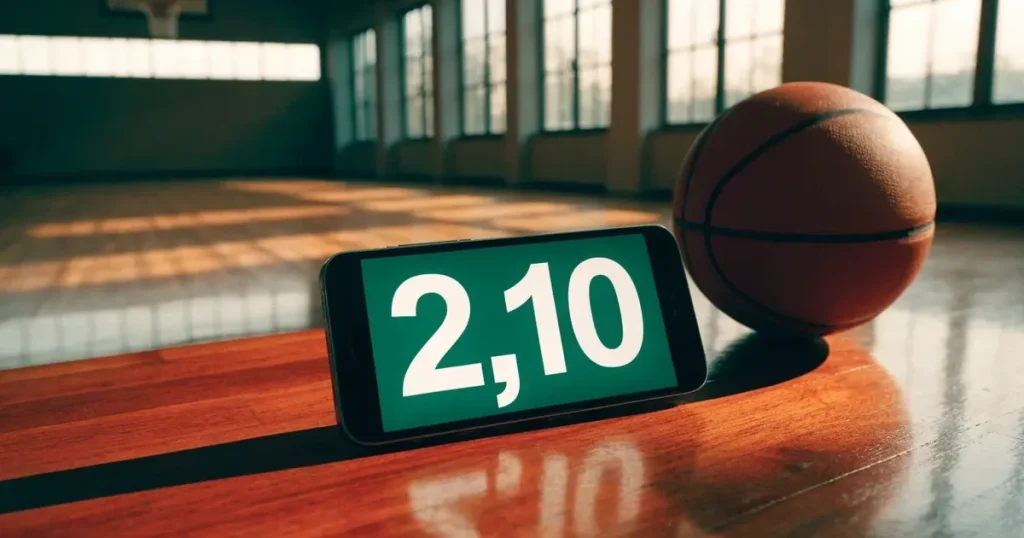 Ein Basketballkorb mit Netz in einer leeren Halle, Licht fällt von hohen Fenstern auf den glänzenden Parkettboden.