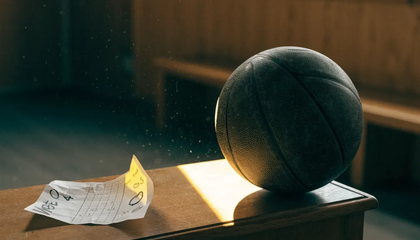 Ein abgenutzter Lederball liegt auf einem Holzregal in einem Vereinsraum, ein Sonnenstrahl macht den Staub sichtbar.
