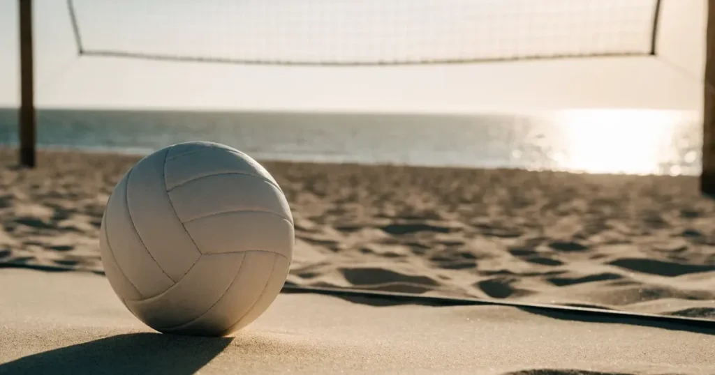 Ein Volleyball liegt auf feinem hellem Sand, ein gespanntes Netz verschwimmt dahinter, das Licht kommt von einem weiten Meer.