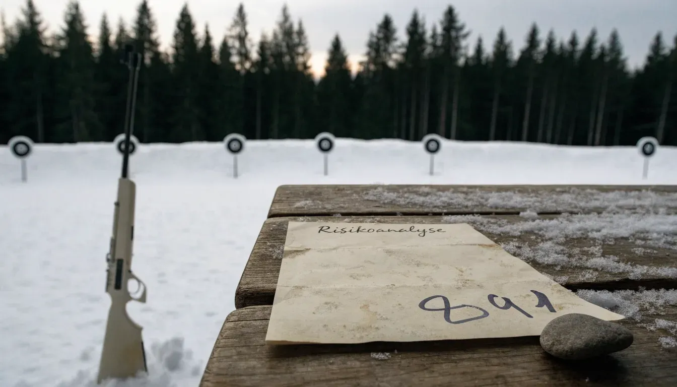 Ein Paar Langlaufskier steckt aufrecht im Schnee neben einem Holzzaun, die Sonne glitzert auf Eiskristallen.