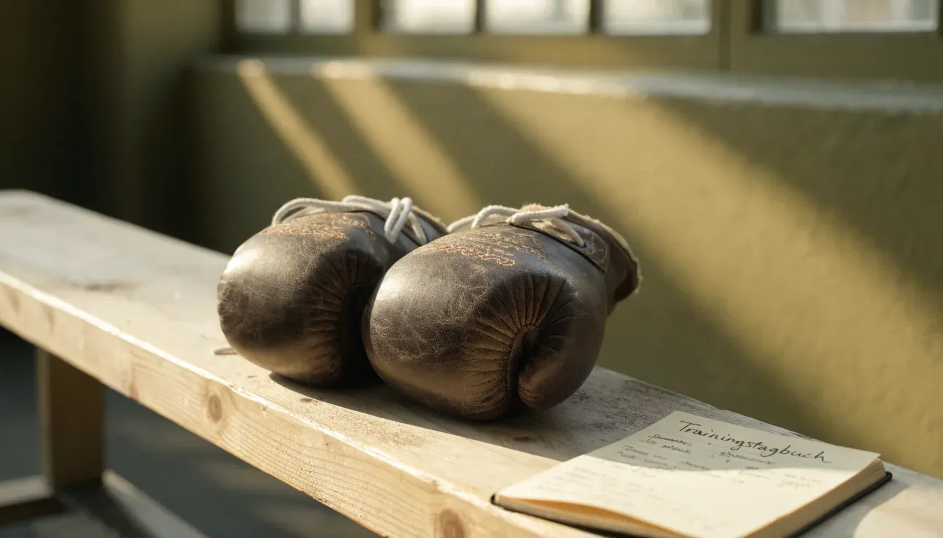 Ein Paar Boxhandschuhe aus Leder liegt auf einer Holzbank neben einem Notizbuch mit handgeschriebenen Zeilen, warmes Fensterlicht