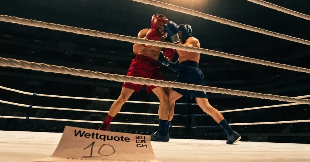 Ein leerer Boxring mit gespannten Seilen unter hellem Hallenlicht, dahinter ansteigende Zuschauerränge in einer grossen dunklen Halle