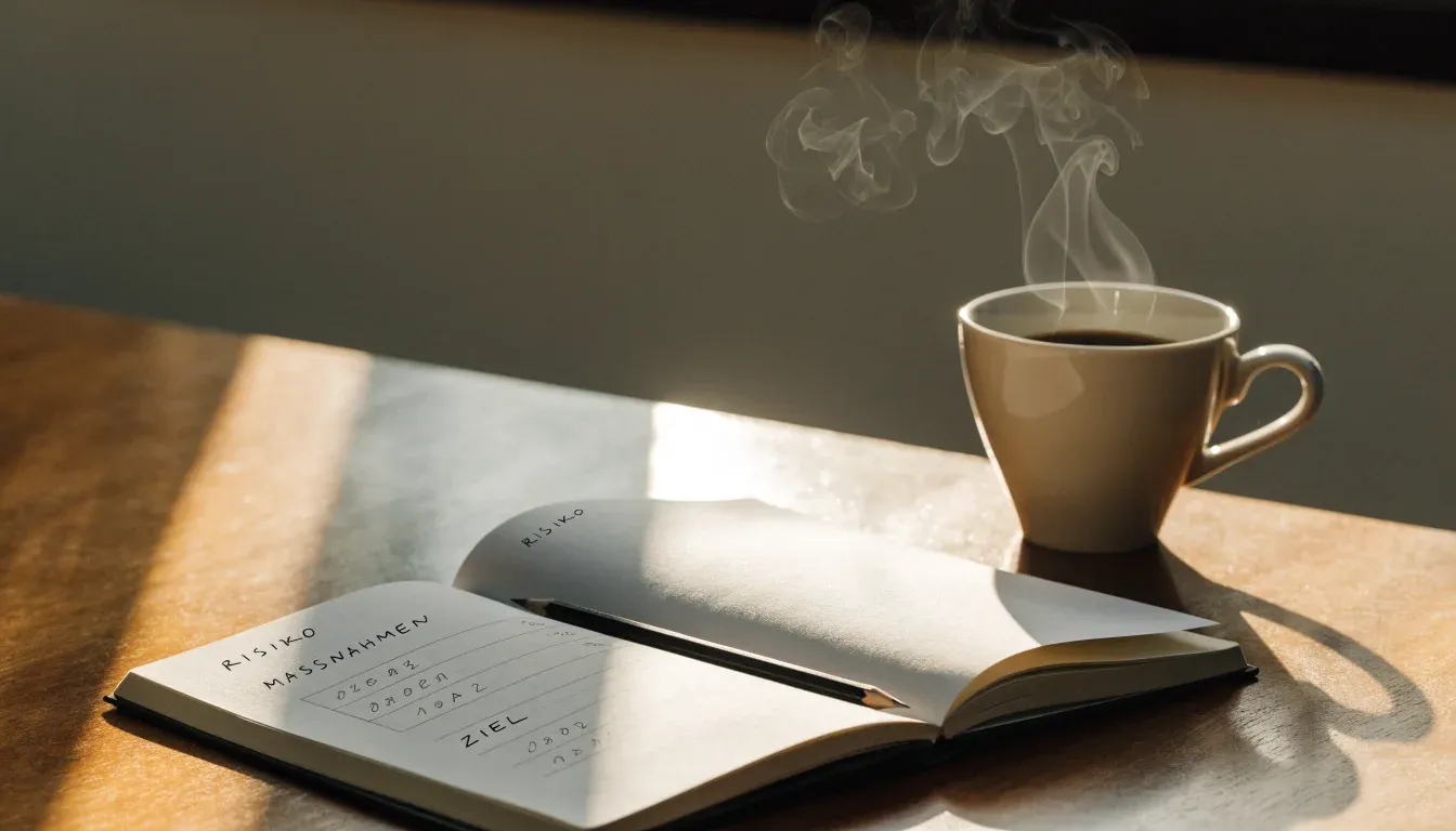Ein aufgeschlagenes Notizbuch mit handgeschriebenen Spalten und ein Bleistift neben einer Tasse Kaffee auf einem Holztisch am Morgen