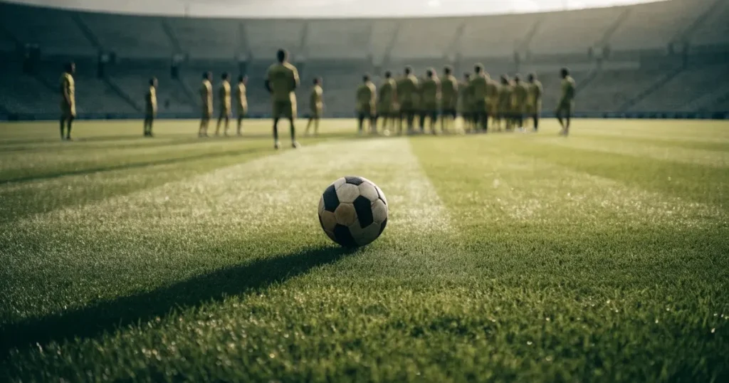 Ein Fussball liegt auf dem Anstosspunkt eines frisch gemähten Rasens, dahinter eine grosse Tribüne unter bewölktem Himmel