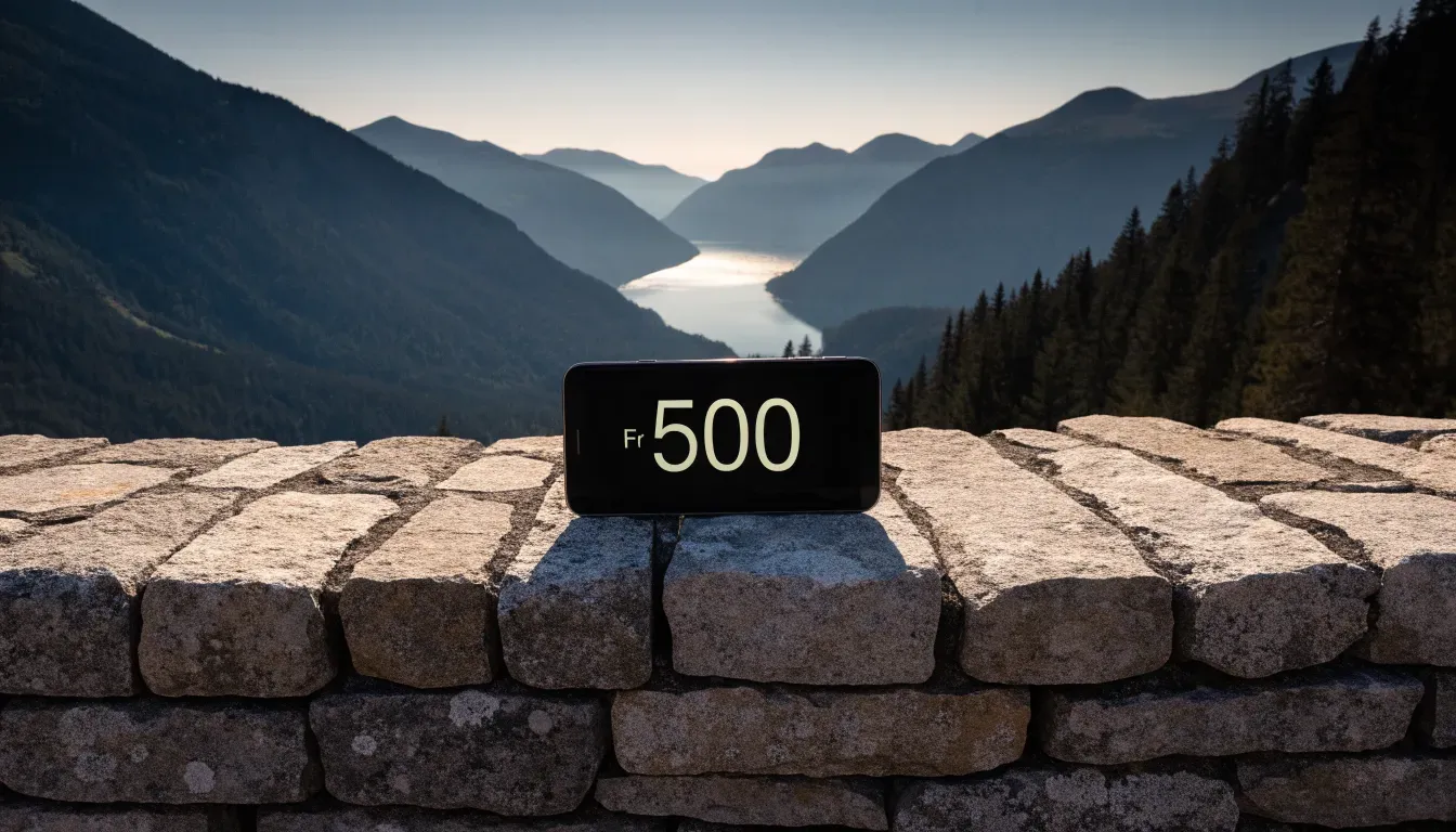 Ein Smartphone mit dunklem Display liegt auf einer Steinmauer, dahinter ein Alpental im Abendlicht