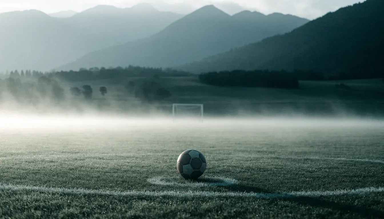Ein einzelner Fussball auf dem Mittelpunkt eines leeren Rasens im Morgennebel, hinter dem Tor ragen Berge auf