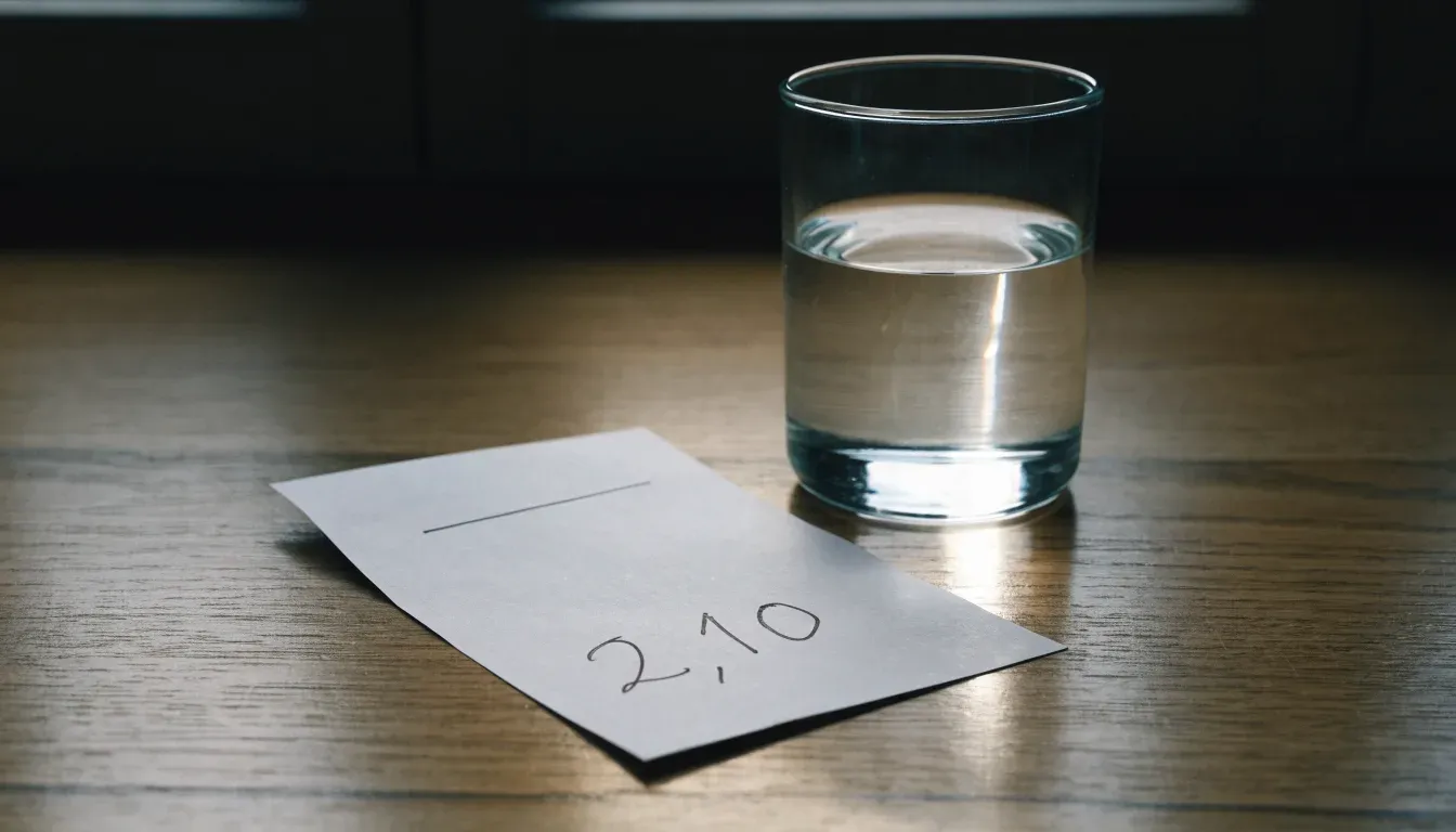 Ein Schlüsselbund und ein Glas Wasser stehen auf einem Holztisch im Licht eines Fensters