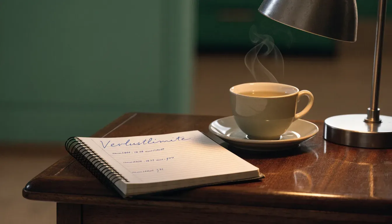 Ein Notizbuch mit handschriftlichen Einträgen und eine Tasse Tee stehen auf einem Tisch neben einer Stehlampe