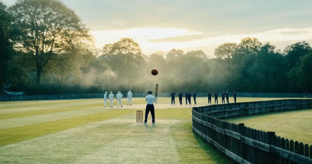 Ein ovales Cricketfeld mit gemähtem Rasen und hellem Mittelstreifen am frühen Morgen, Nebel zwischen den Bäumen am Rand