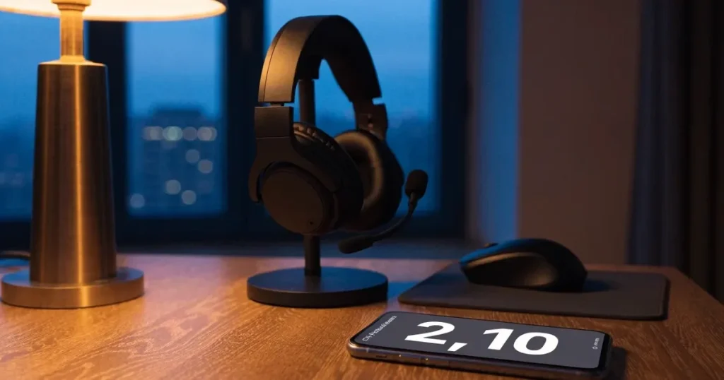 Ein Headset und eine Computermaus liegen auf einem Holzschreibtisch neben einer Tischlampe, draussen ist es Abend