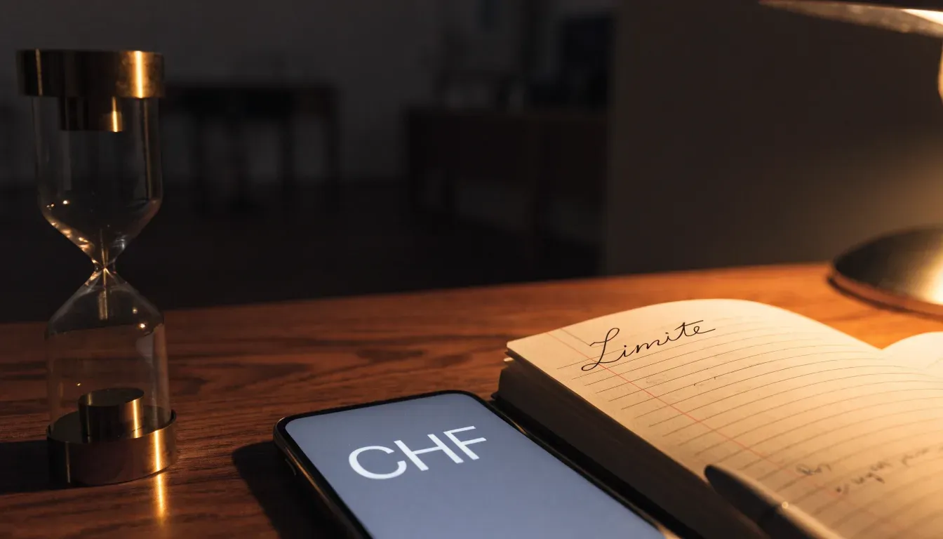 Eine Sanduhr steht auf einem Schreibtisch neben einem Notizbuch mit handschriftlichen Einträgen im Licht einer Lampe