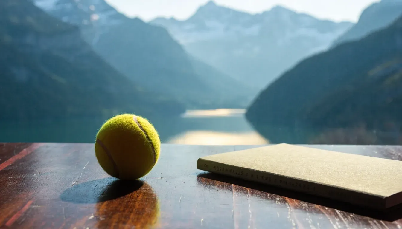 Ein einzelner gelber Tennisball liegt auf einem Holztisch vor einem Fenster mit Alpenblick