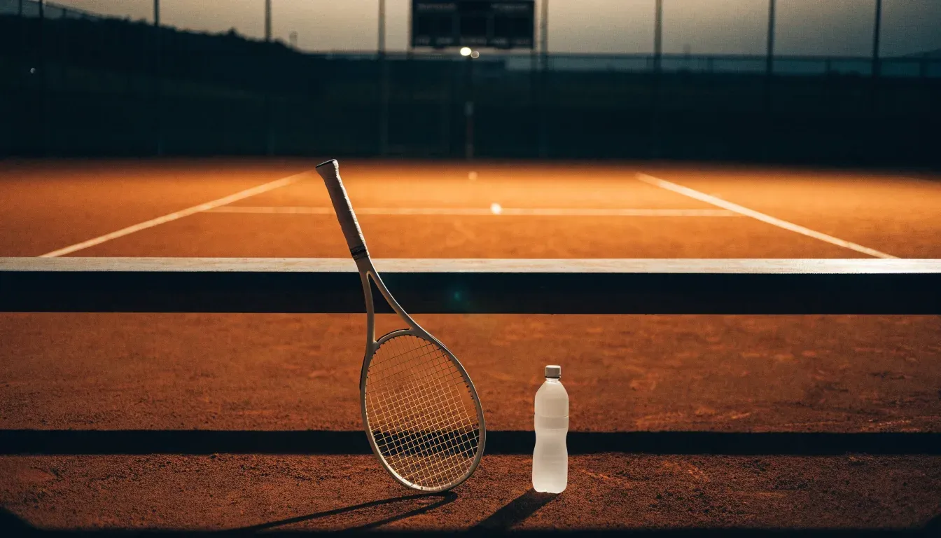Ein Tennisschläger lehnt an einer Bank neben einer Wasserflasche, am Abend ruht der Platz im Flutlicht, aus der Ferne gesehen