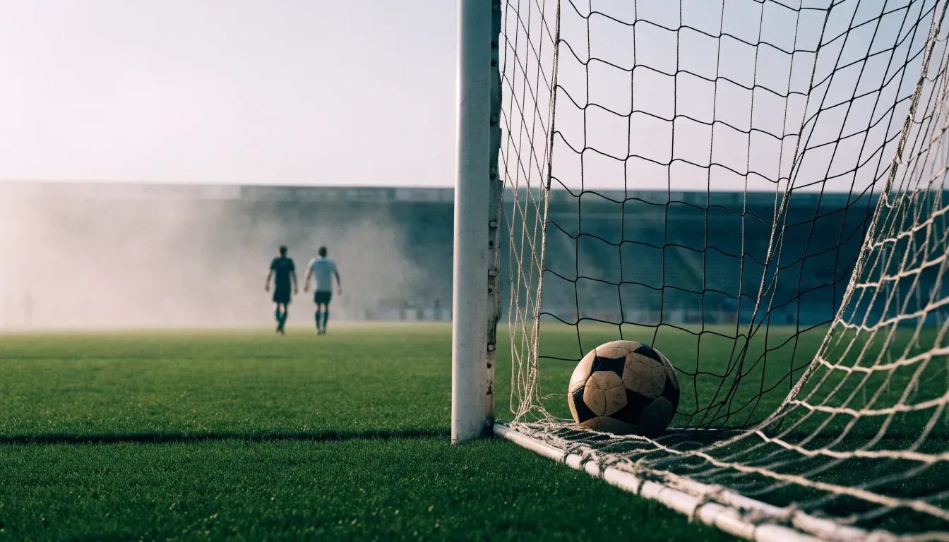 Ein Fussball liegt im Netz hinter einem Tor, weicher Morgennebel hängt über dem Rasen