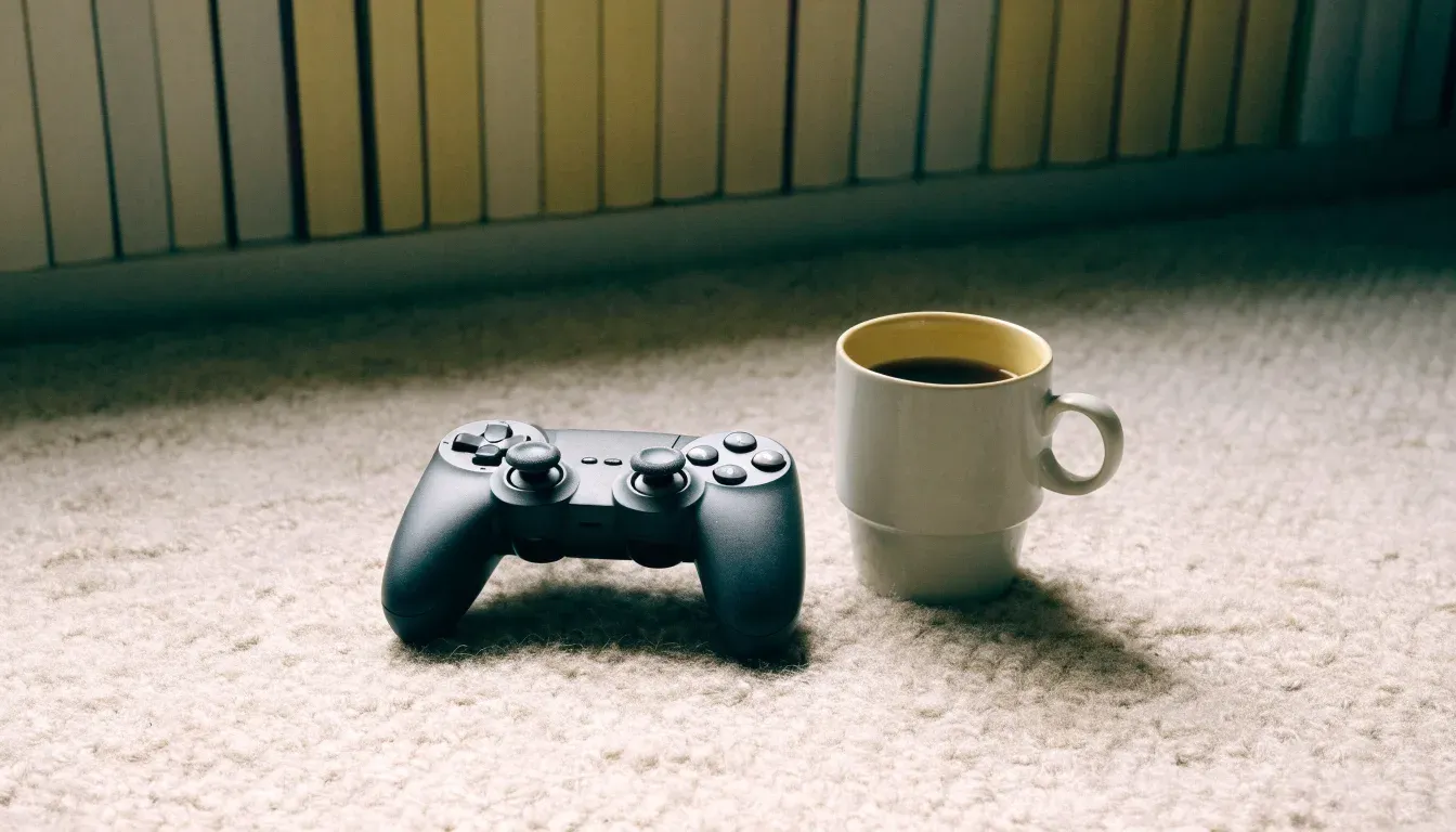 Ein Spielcontroller liegt auf einem Teppich neben einer Tasse, im Hintergrund ein Regal mit Büchern
