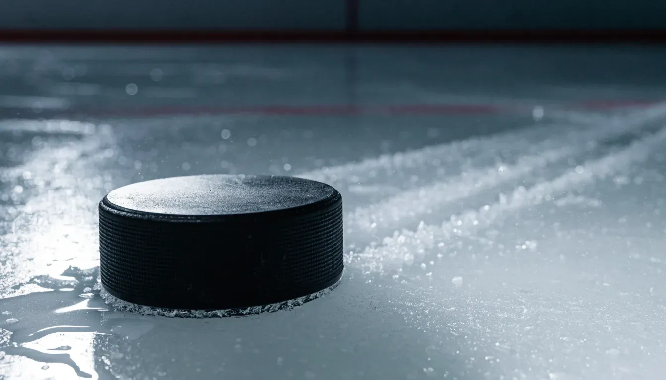 Ein Eishockeypuck liegt auf einer Eisfläche mit Kratzspuren, Nahaufnahme mit kühlen Reflexen