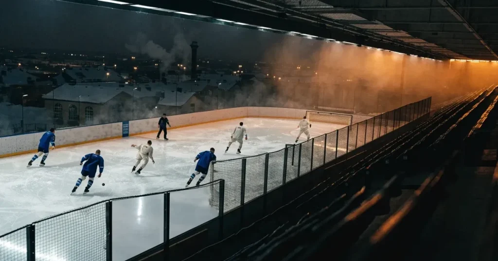 Eine Eishalle von weitem unter Flutlicht in einer verschneiten Stadtlandschaft, Dampf steigt vom Dach auf