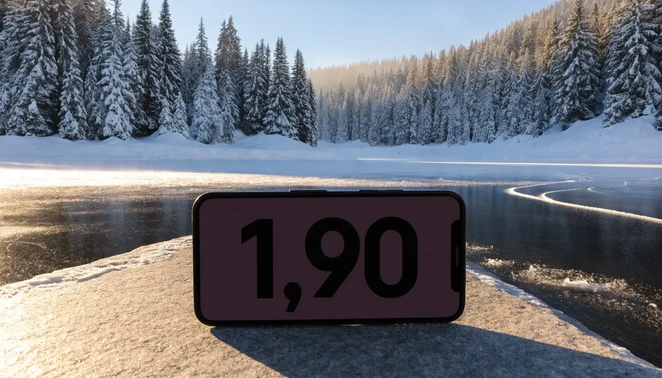 Ein zugefrorener Bergsee mit Spuren von Schlittschuhen am Morgen, dahinter ein verschneiter Wald