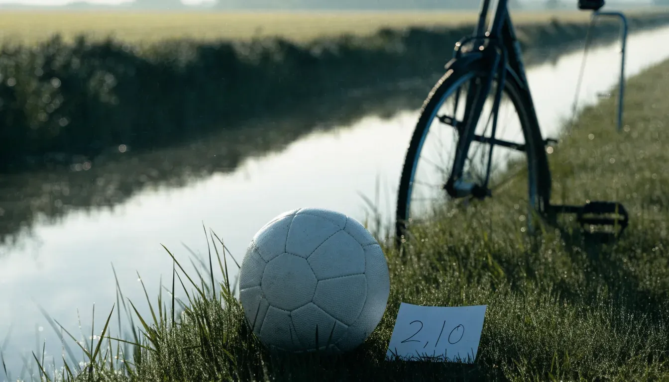 Ein Fussball liegt auf einer Wiese neben einem Fahrrad, im Hintergrund ein Kanal im Morgenlicht