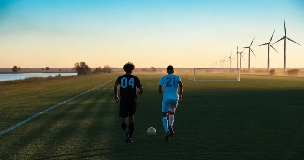 Ein Fussballplatz neben einem Kanal in flachem Land mit Windrädern am Horizont, Abendlicht liegt über dem Rasen