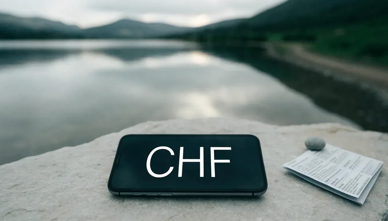 Ein schmaler Wanderweg führt am Seeufer entlang, auf einem Stein liegt ein Smartphone mit dunklem Display