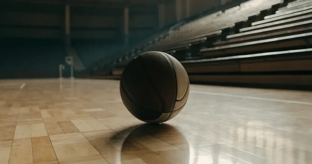Ein Basketball liegt auf dem hellen Parkett einer leeren Halle, im Hintergrund steigen die Tribünenreihen im Halbdunkel an.