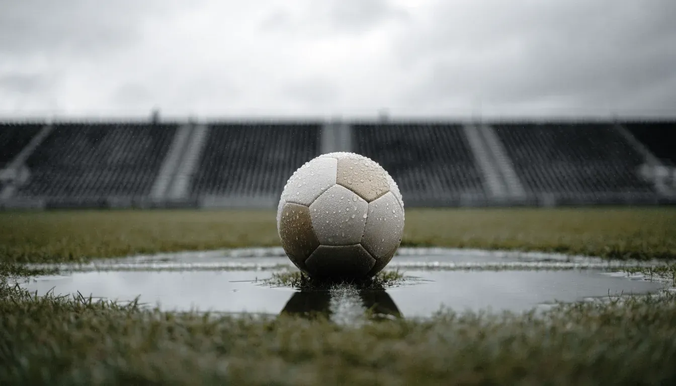 Ein Fussball liegt auf dem Anstosspunkt eines nassen Rasens, dahinter eine leere Tribüne unter grauem Himmel.