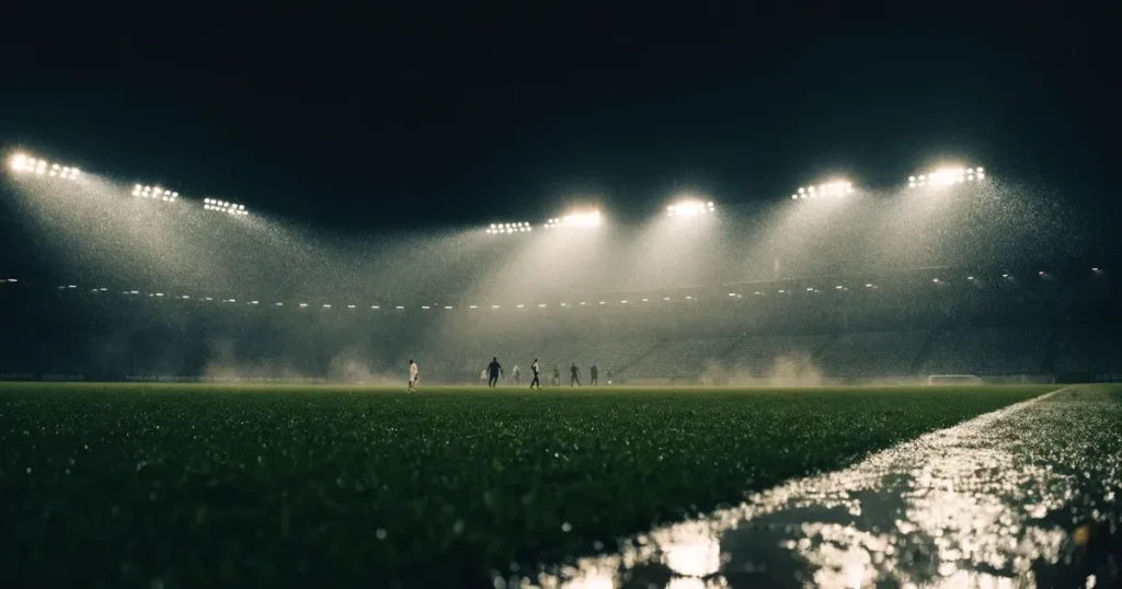 Ein Rasenplatz bei Nacht unter hellem Flutlicht, Regentropfen glitzern in den Lichtkegeln und der Boden dampft leicht.
