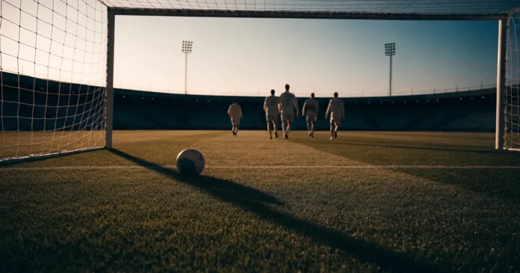 Ein Fussballtor mit weissem Netz steht auf frisch gemähtem Rasen, die hellen und dunklen Streifen im Gras leuchten im Gegenlicht.