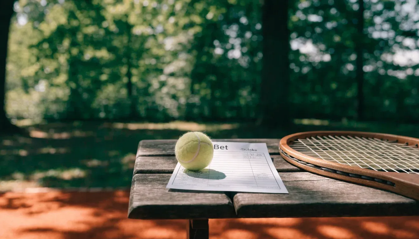 Ein Tennisball und ein Schläger ruhen auf einer Holzbank am Spielfeldrand, im Hintergrund hohe Bäume im Sommerlicht.