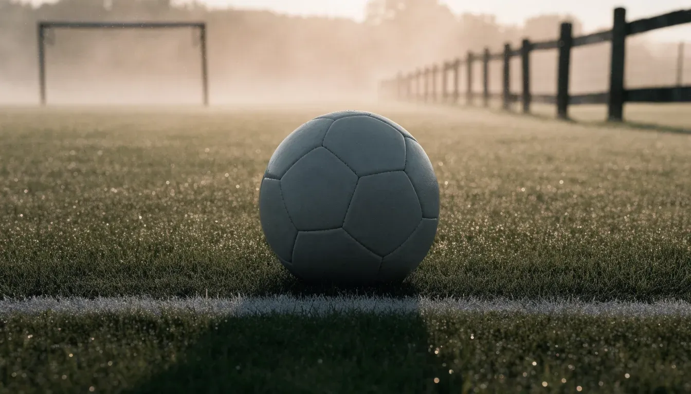 Ein Fussball liegt im Tau auf der Mittellinie eines Dorfplatzes bei Sonnenaufgang, der Rasen glitzert.