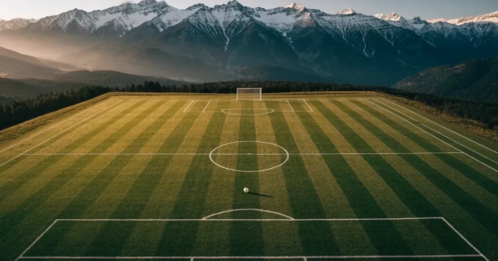 Ein Fussballplatz aus der Vogelperspektive mit sauberen Linien auf dichtem Rasen, in der Ferne verschneite Berge.