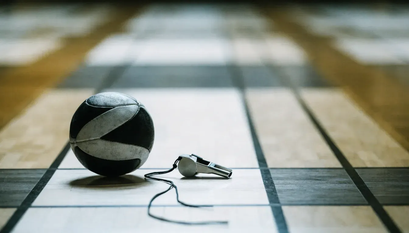 Ein kleiner, schwerer Ball liegt auf glattem Hallenparkett neben einer Trillerpfeife an einer Schnur.