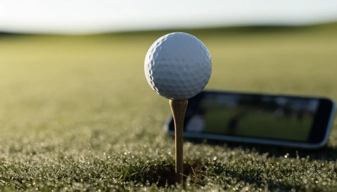 Ein Golfball liegt auf einem Holztee im Gras, scharf im Vordergrund, dahinter verschwimmt eine weite Wiese.